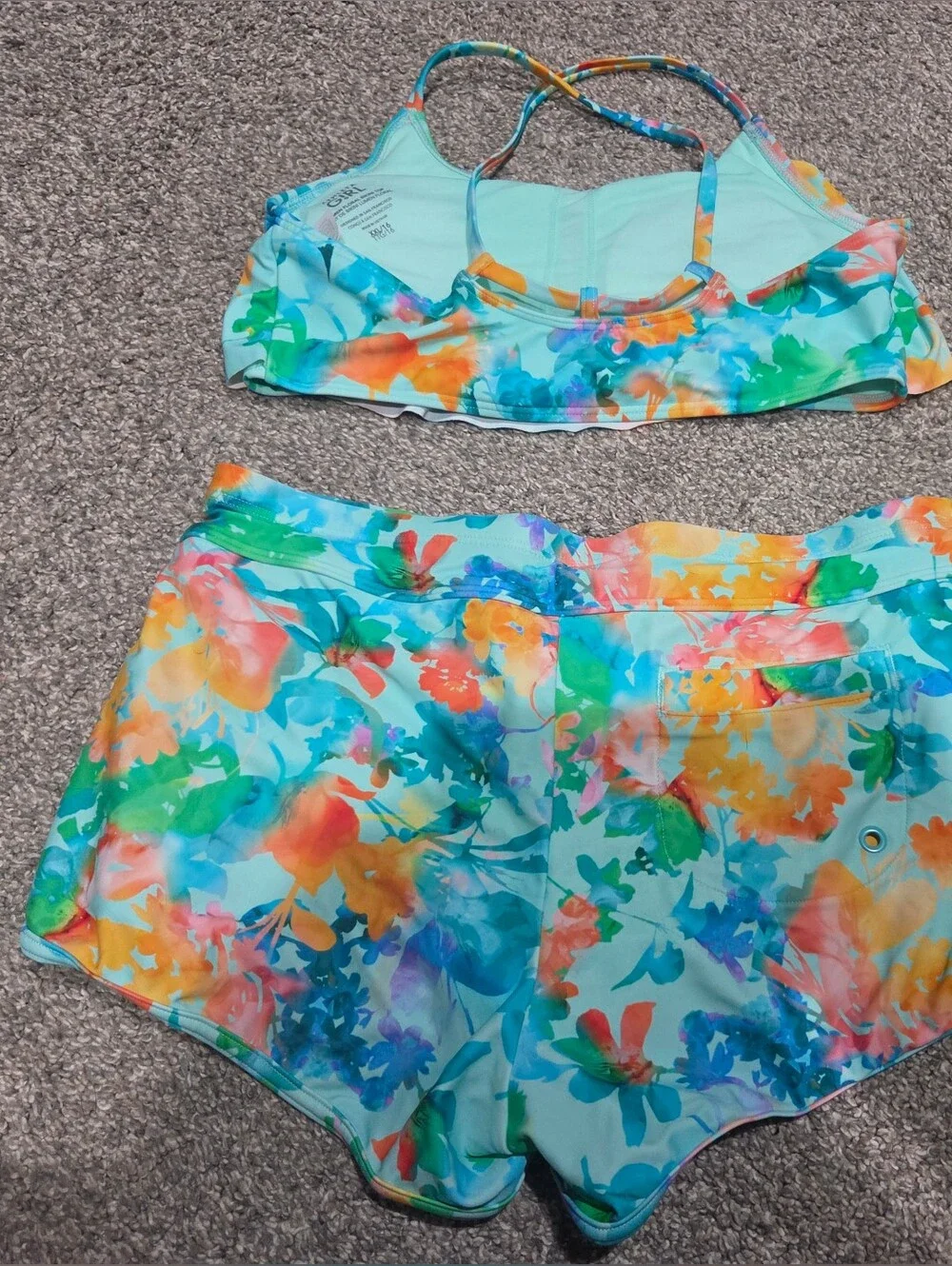 Athleta Girl Floral Crisscross Swim Top& Swim Shorts - Aqua Multi Girls Size XXL